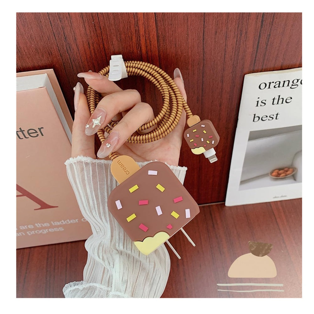 Funda De Silicona Para Cargador 20w Iphone- Diseño Helado Chocolate Marrón