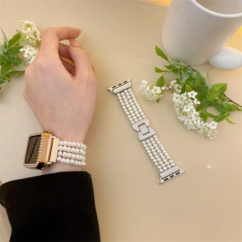 Correa de perlas de lujo para Apple Watch 6/7/8/9/10