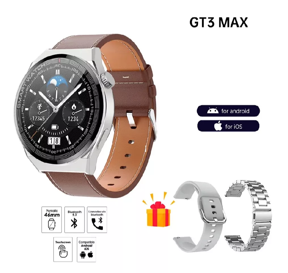 Smartwatch GT3 MAX, con 3 correas intercambiables, reloj inteligente GPS, llamadas, NFC, Bluetooh